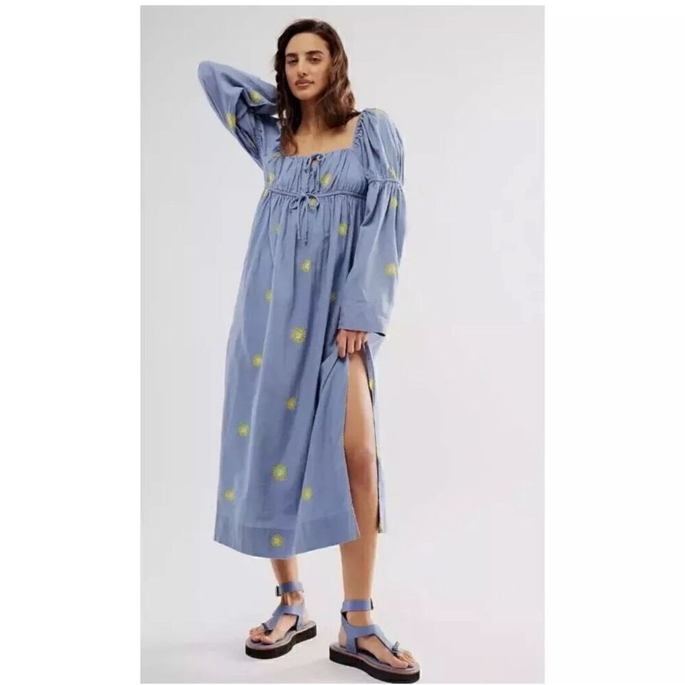 Free People Blue Midi Dress with Yellow Floral Accents